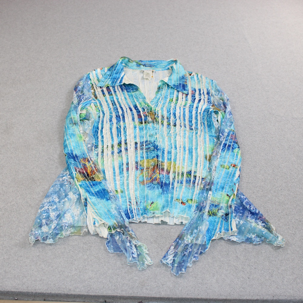 Cache Shirt Women Large Blue Mesh Sheer Lace Bell Sleeve Pleat Coastal Boho Y2K